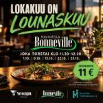 Lokakuu on myös lounaskuu! Tervetuloa mukaan Kouvolan Yrittäjät ry:n ja Kouvolan Ydinkeskusta ry:n jäsenten yhteisille lounaille!🤩

Koko lokakuun ajan kokoonnumme joka torstai tapaamaan muita yrittäjiä ja nauttimaan lounasta rennossa seurassa - ei ilmoittautumisia, ei järjestettyä ohjelmaa eikä pönötystä!

⏰Ajankohdat:
Torstai 1.10. klo 11.30-12.30
Torstai 8.10. klo 11.30-12.30
Torstai 15.10. klo 11.30-12.30
Torstai 22.10. klo 11.30-12.30
Torstai 29.10. klo 11.30-12.30

Paikka:
Ravintola Bonneville (Salpausselänkatu 27, Kouvola)
Bonneville.fi/lounas.php

@kouvolanyrittajat ja Kouvolan Ydinkeskusta ry jäsenille lounas 11 € (norm. 12,90 €).

Nähdään lounaalla! 🙋🏻‍♀️

#lounaskuu #lokakuu #jäsenyritykset #kouvolanyrittäjät #kouvolanydinkeskusta